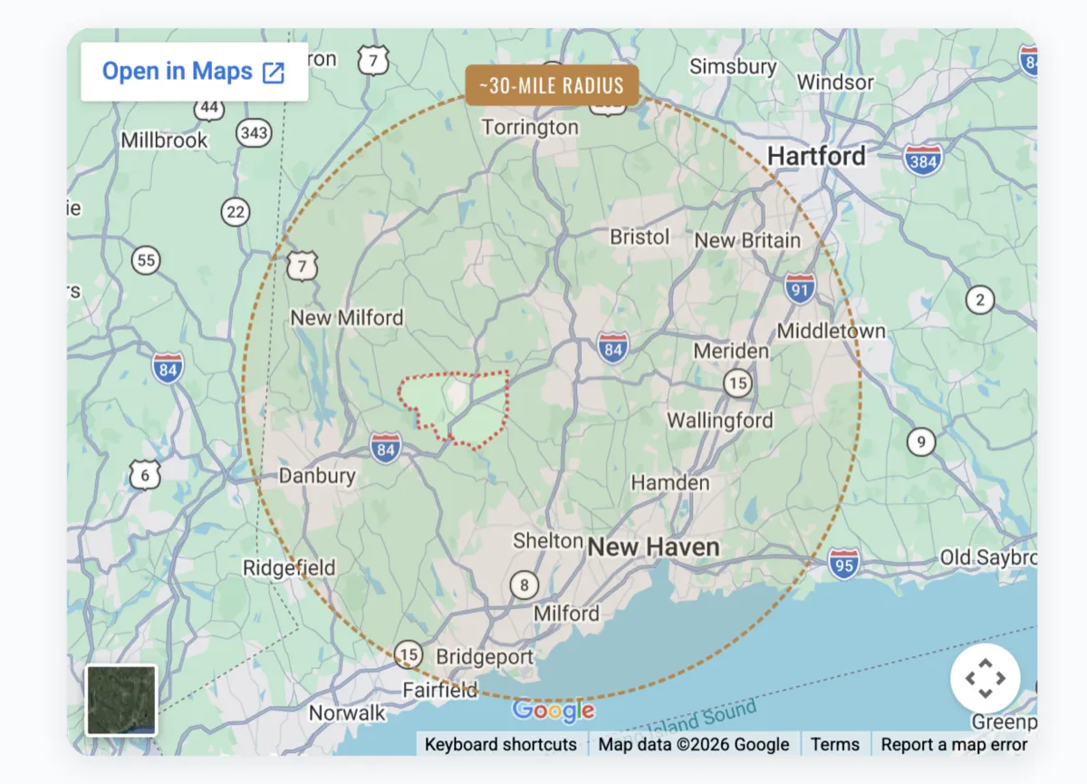 Map of Martin's Aluminum Products' service area — roughly a 30-mile radius around Southbury, CT covering Western Connecticut and Litchfield County